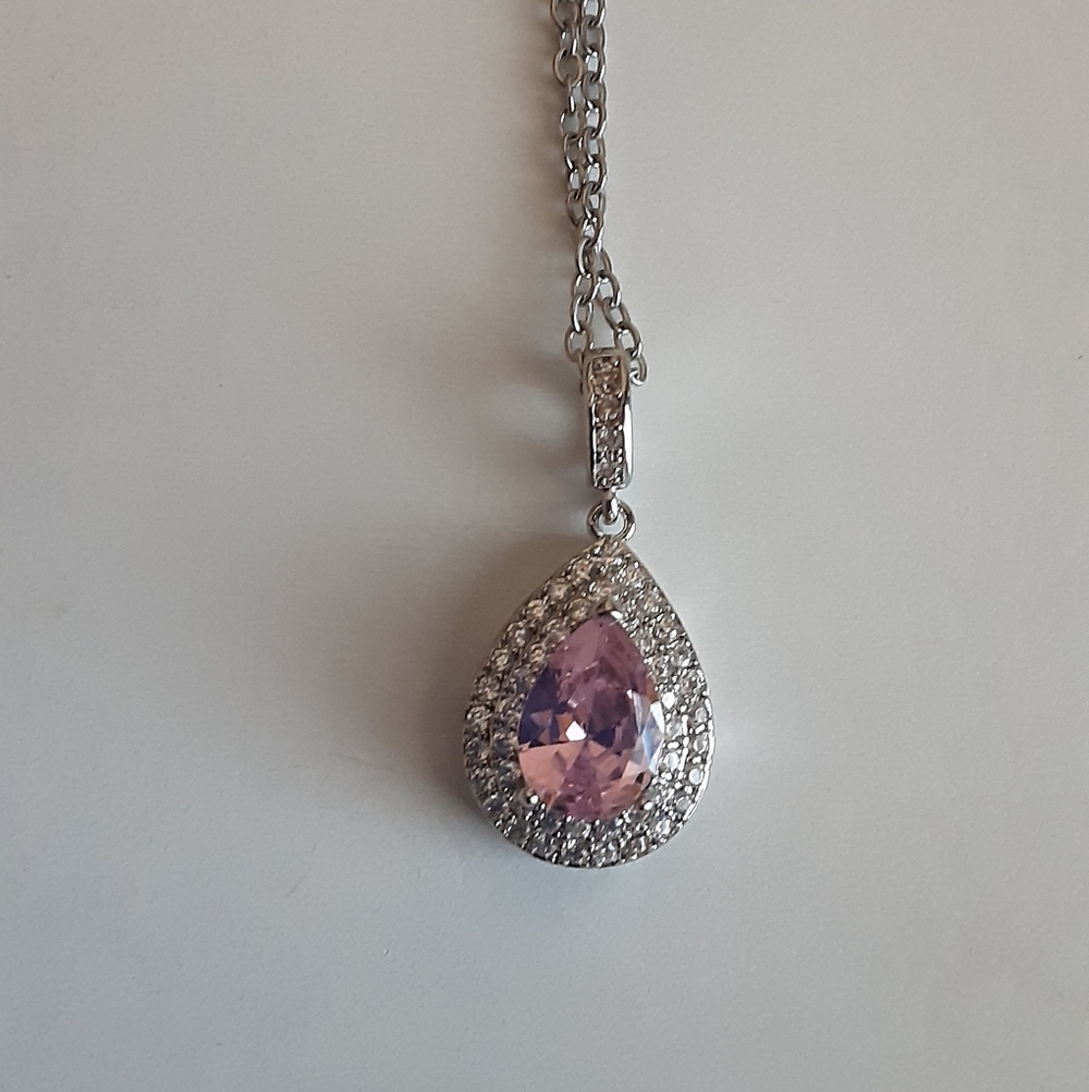 New 18k White Gold Filled Pink CZ Diamond Water Drop Necklace